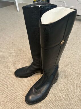 Tory Burch Black Tall Leather Riding Boots with Gold Logo Accent